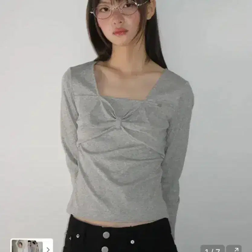 [BUNJANG] Ronron Ribbon Square Neck Long Sleeve Gray / 론론 리본 스퀘어넥 롱 슬리브 그레이