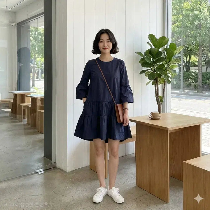 [BUNJANG] COS Navy Tiered Shirring Mini Dress / 코스(COS) 네이비 티어드 셔링 원피스