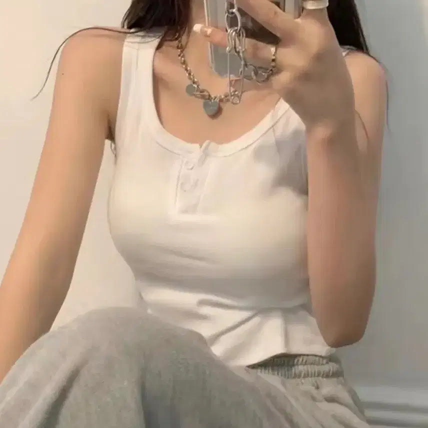 [BUNJANG] Ribbed Button Sleeveless Top Set (White/Black) / 새상품 골지 버튼 나시 (화이트/블랙)세트
