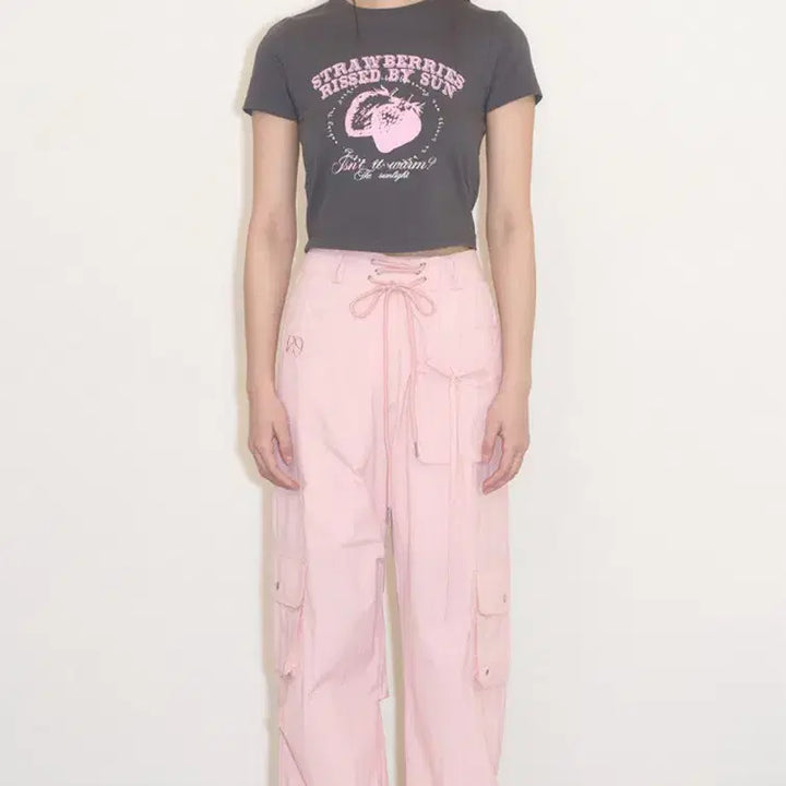[BUNJANG] Illico Nylon String Cargo Banding Pants Pink S / 일리고 나일론 스트링 카고 밴딩 팬츠 핑크 s