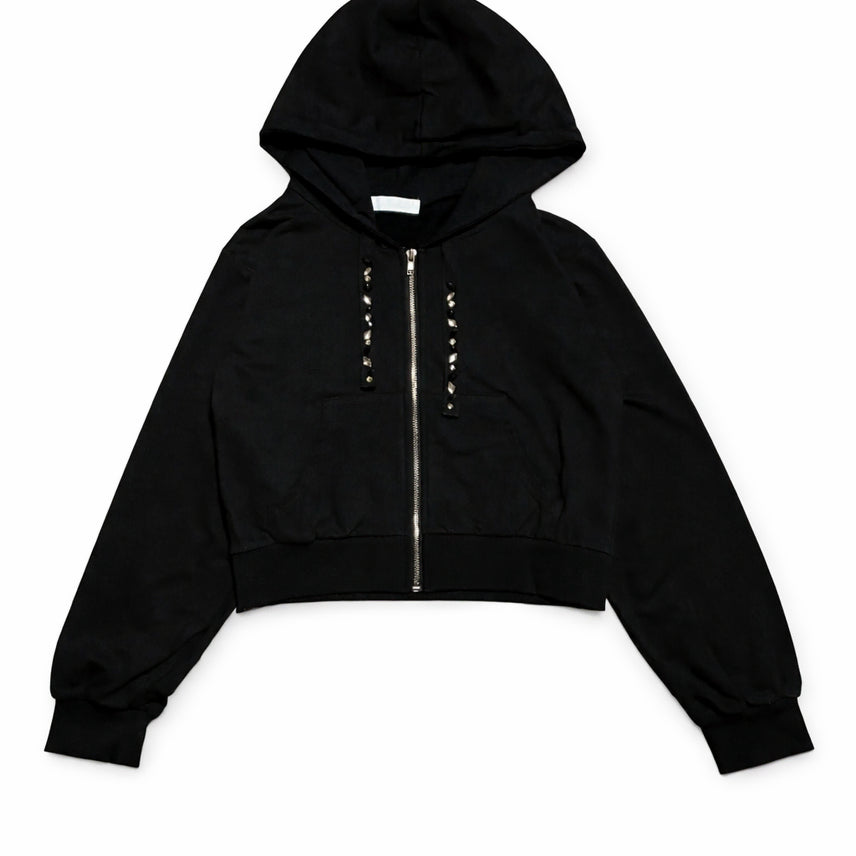 [BUNJANG] CECIL McBEE Black Cubic Crop Hooded Zip-up / JPN 일본 빈티지 Y2K 갸루 세실맥비 블랙 큐빅 크롭 후드집업 M