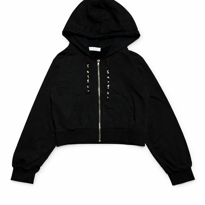 [BUNJANG] CECIL McBEE Black Cubic Crop Hooded Zip-up / JPN 일본 빈티지 Y2K 갸루 세실맥비 블랙 큐빅 크롭 후드집업 M