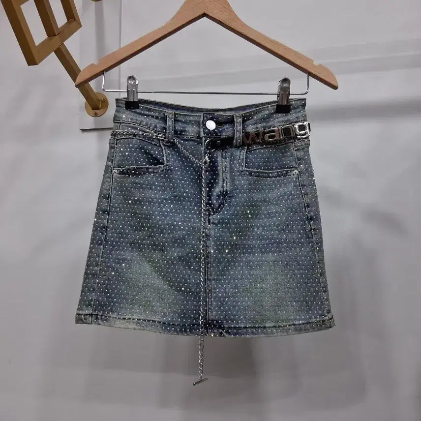 [BUNJANG] Rhinestone Denim Mini Skirt / 라인스톤 데님 큐빅 미니스커트 44반까지