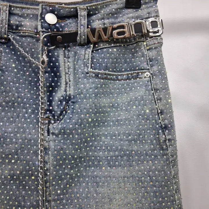 [BUNJANG] Rhinestone Denim Mini Skirt / 라인스톤 데님 큐빅 미니스커트 44반까지