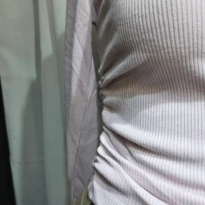 [BUNJANG] Short Ruffle Detail Ribbed Knit Top / 양쪽셔링 쇼트 골지 연보라 긴팔