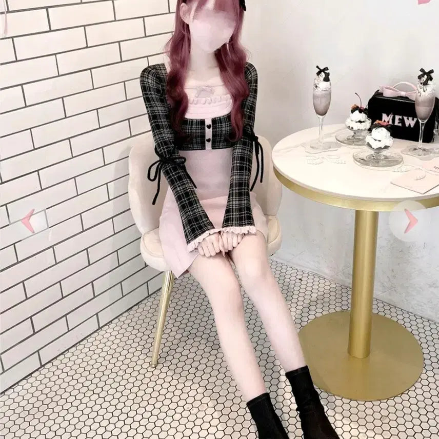 [SOLD OUT] Honeymew 허니뮤 체크 리본 도킹 원피스 판매해용