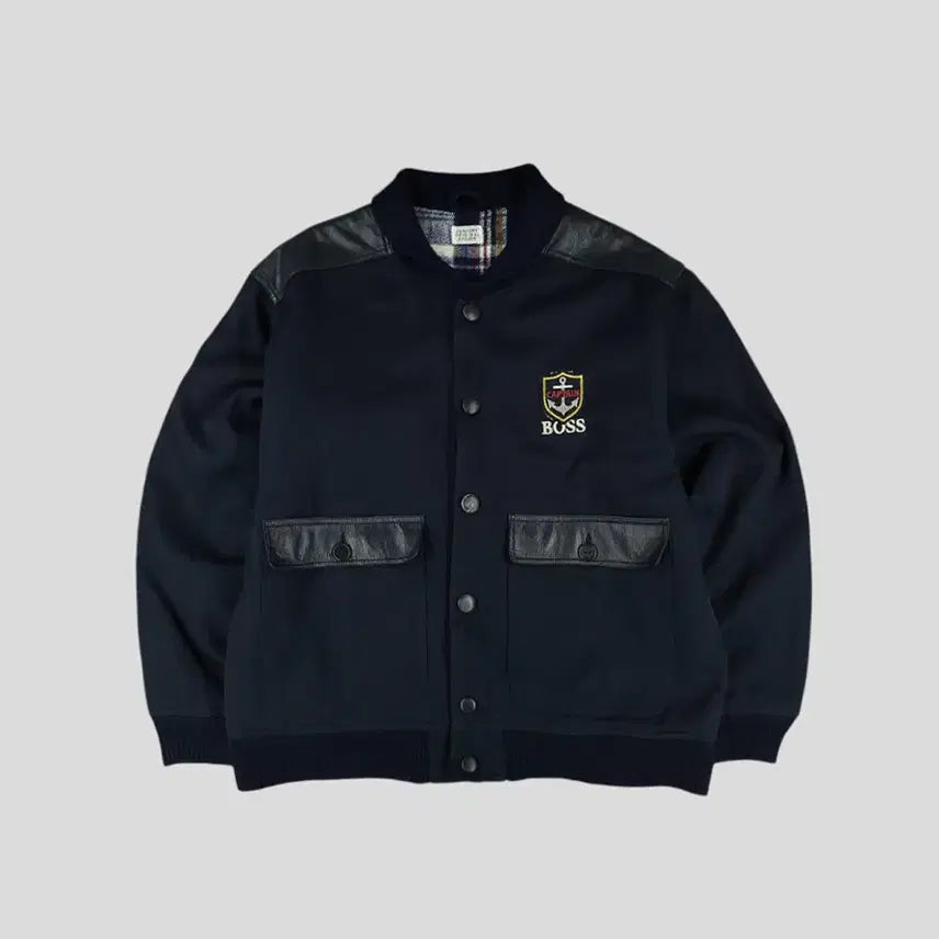 [BUNJANG] Suntory Boss Coffee Leather Shoulder Patch Jacket / 산토리 보스커피 JP 블랙 네이비 배색 로고 소가죽 카우레더 숄더패치 엘