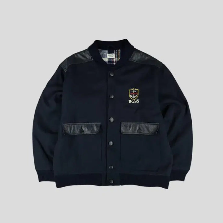 [BUNJANG] Suntory Boss Coffee Leather Shoulder Patch Jacket / 산토리 보스커피 JP 블랙 네이비 배색 로고 소가죽 카우레더 숄더패치 엘