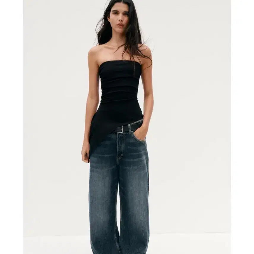 [BUNJANG] ZARA Tube Top Drape Blouse / 자라 카키 화이트 튜브탑 드레이프 블라우스