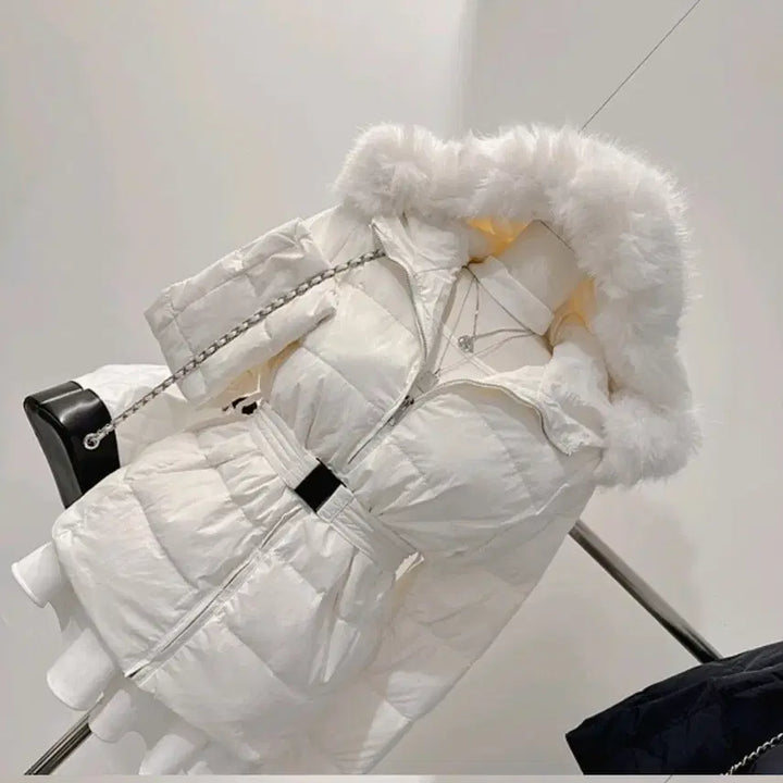 [BUNJANG] White Fur Hood Belted Padded Coat / 화이트 퍼 후드 벨트 패딩