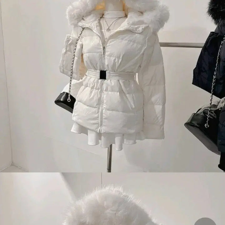 [BUNJANG] White Fur Hood Belted Padded Coat / 화이트 퍼 후드 벨트 패딩