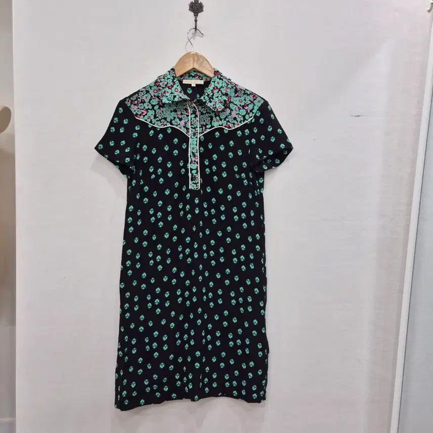[BUNJANG] Maje Black Pattern Collar Midi Dress / 마쥬 블랙 패턴 카라 반팔 원피스