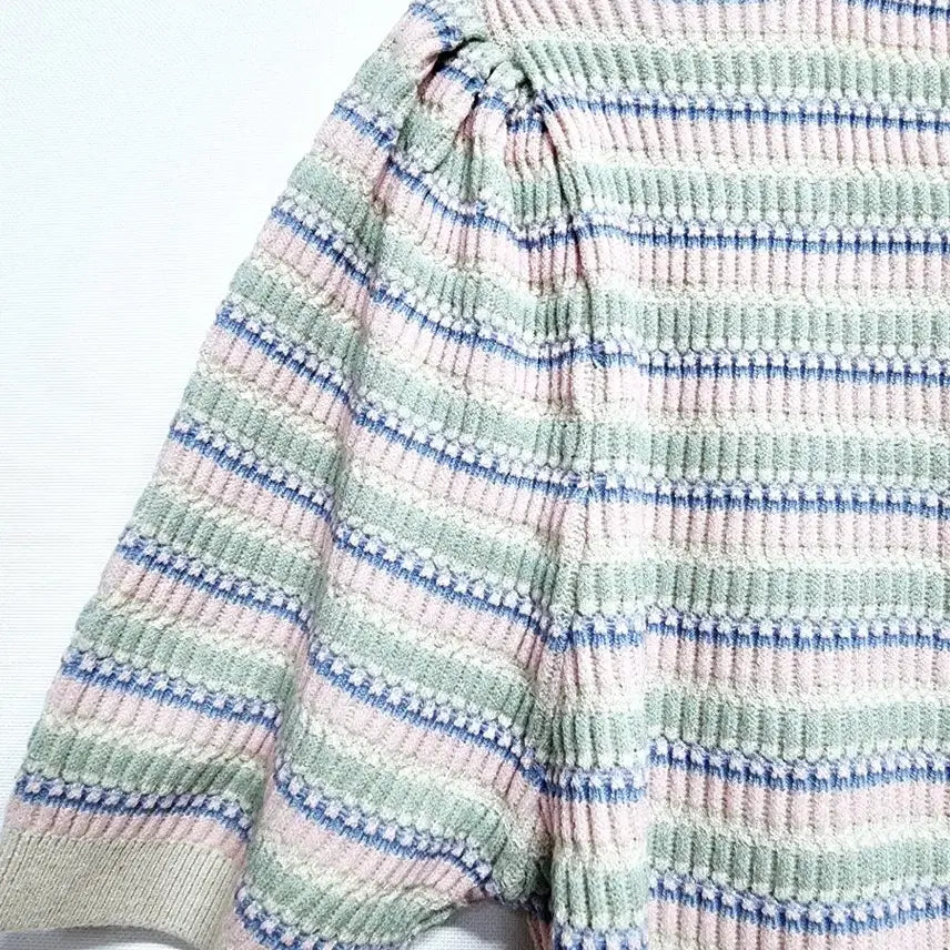 [BUNJANG] SEWING MADE Pastel Striped Square Neck Knit Top / 빈티지 SEWING MADE 스트라이프 반팔 니트