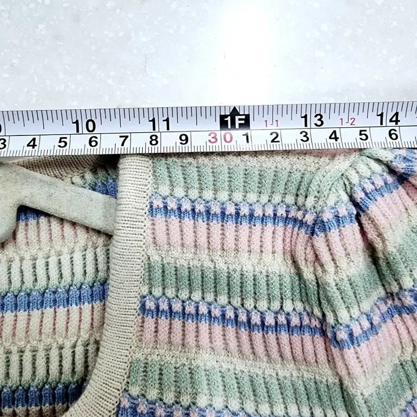 [BUNJANG] SEWING MADE Pastel Striped Square Neck Knit Top / 빈티지 SEWING MADE 스트라이프 반팔 니트