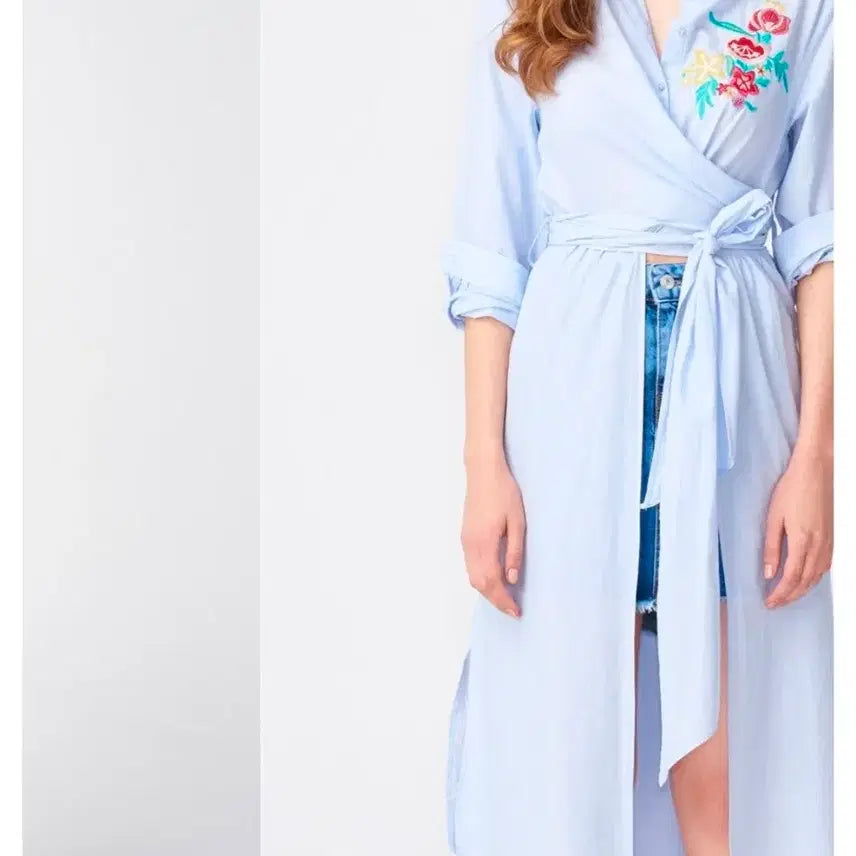 [BUNJANG] ZARA Embroidered Wrap Long Shirt Dress / 자라/S) 유니크한 랩 스타일 자수 롱 셔츠 원피스