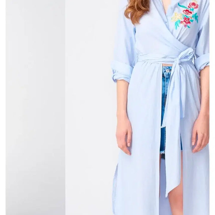 [BUNJANG] ZARA Embroidered Wrap Long Shirt Dress / 자라/S) 유니크한 랩 스타일 자수 롱 셔츠 원피스
