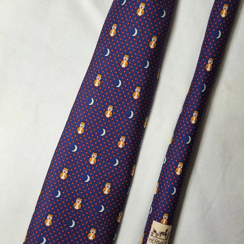 [SOLD OUT] 에르메스 블루 부엉이 문스타패턴 실크 넥타이