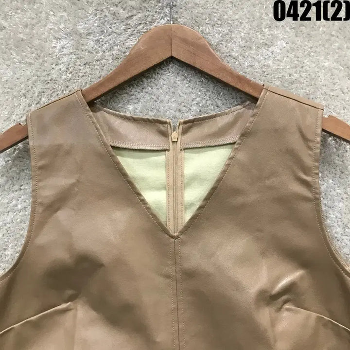 [BUNJANG] V-Neck Leather Mini Dress Camel M / 브이넥 레더 미니 원피스 카멜 m