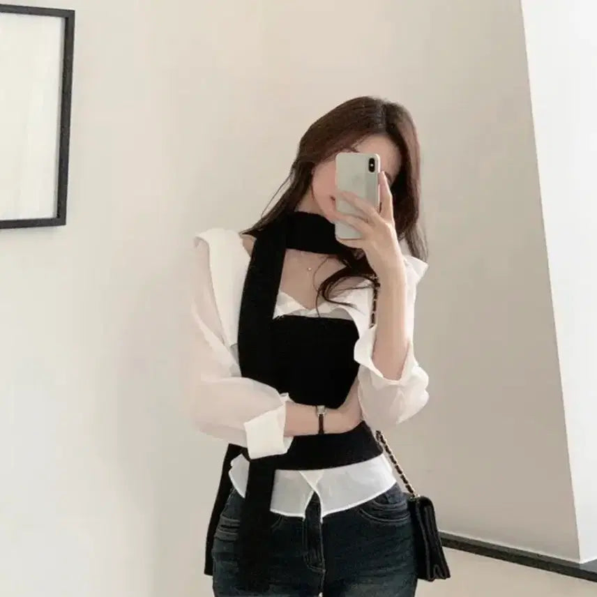 [BUNJANG] Fervit Angela Layered Knit Semi-Off Blouse / 퍼빗 엔젤라 레이어드 니트 세미오프 블라우스 블랙 (타이 포함)