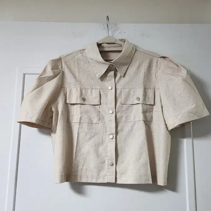 [BUNJANG] Beige Puff Sleeve Short Jacket / 베이지 반팔 셔츠 자켓 퍼프 숏기장 새상품