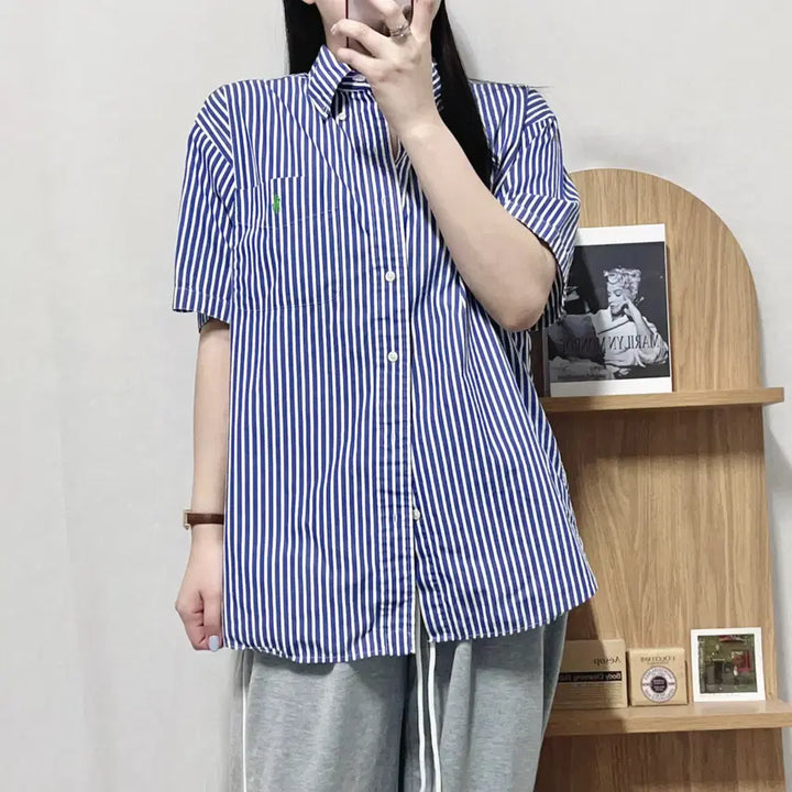 [BUNJANG] [정품] 폴로 네이비 / 그린포니 스트라이프 반팔셔츠 [ M ] / [정품] 폴로 네이비 / 그린포니 스트라이프 반팔셔츠 [ M ]