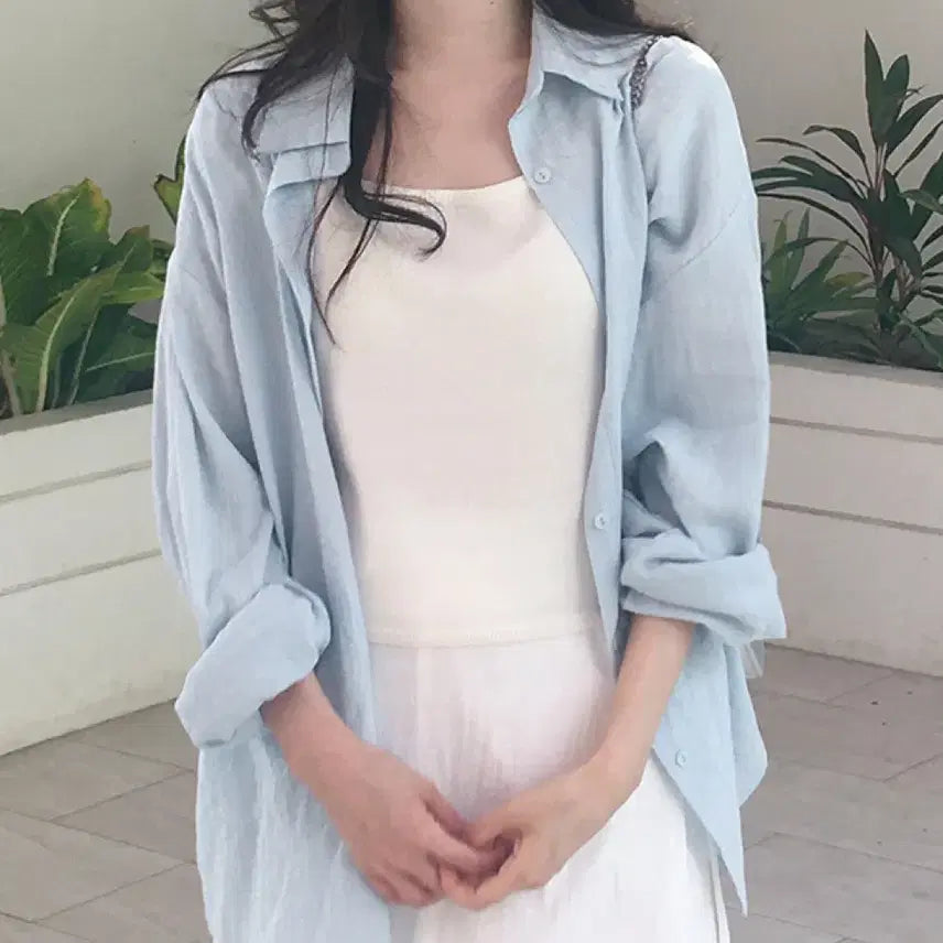 [BUNJANG] Slowand Tone &amp; Resolution Cotton Shirt (Soft Blue) / 슬로우앤드 톤앤결 여리핏 코튼셔츠 (소프트블루)