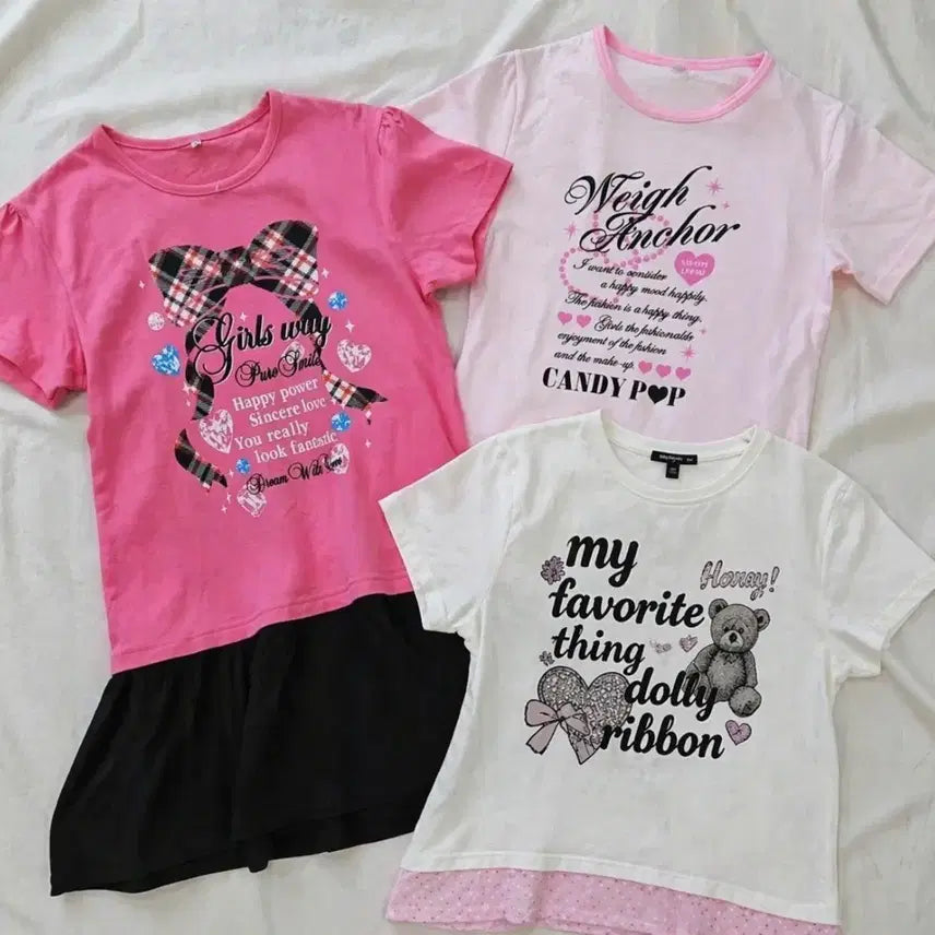 [BUNJANG] Pink Tone Printed T-Shirts Bundle Set / 프린팅 반팔 티셔츠 3종 세트일괄