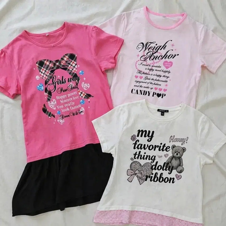 [BUNJANG] Pink Tone Printed T-Shirts Bundle Set / 프린팅 반팔 티셔츠 3종 세트일괄