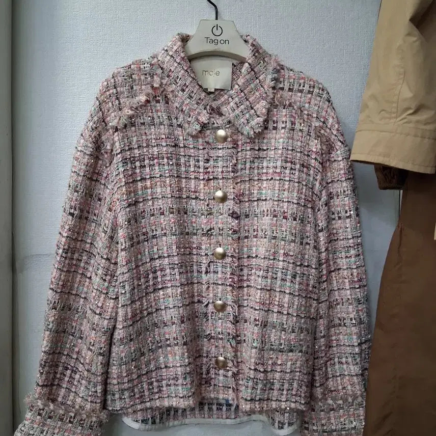 [BUNJANG] Maje Tweed Jacket Pink Gold Button / 마쥬 트위드 자켓 핑크 금장버튼55