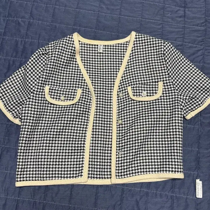 [BUNJANG] Houndstooth Pattern Short Sleeve Cardigan / 하운드투스 패턴 반팔 가디건