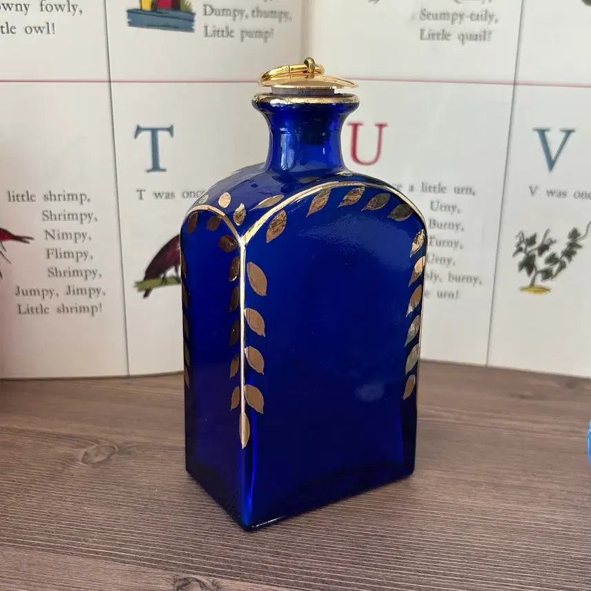 [BUNJANG] Vintage Portuguese Hand-Painted Cobalt Blue Bottle Vase with Gold Trim / 포르투갈 빈티지 앤틱 화병 보틀 오브제