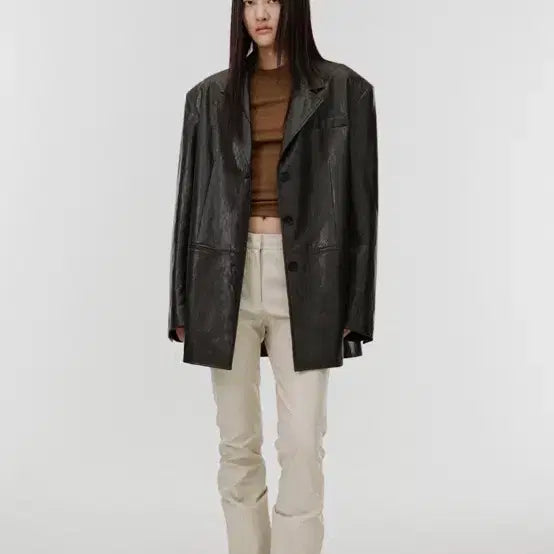 [BUNJANG] S/E/O Oversized Faux Leather Jacket Dark Brown / S/e/o 오버사이즈 페이크 레더 자켓 다크브라운