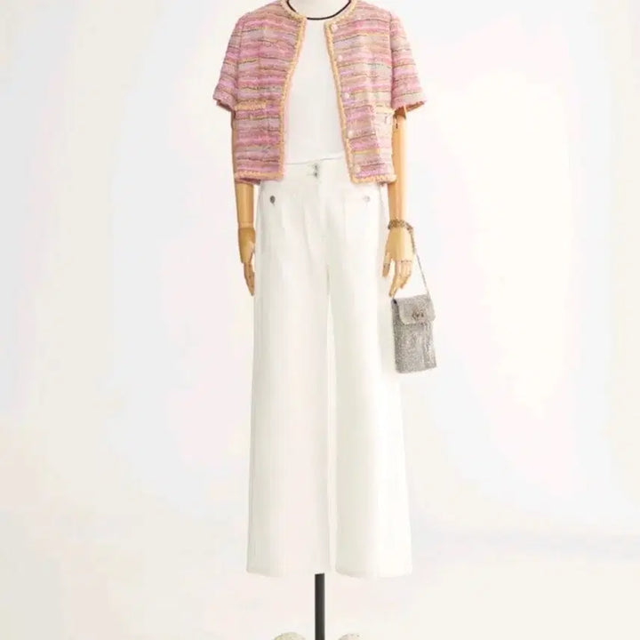 [BUNJANG] TIME Tweed Short-Sleeve Jacket Pink Multi / 타임 트위드 반팔 자켓 핑크 멀티