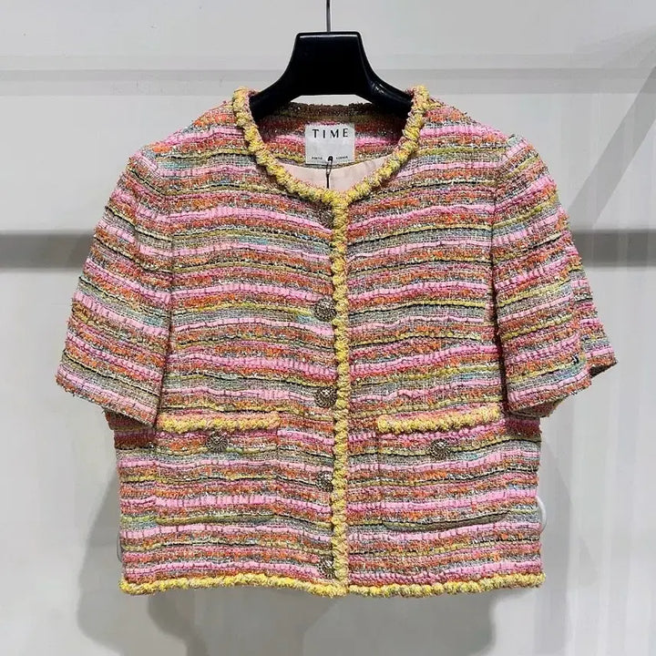 [BUNJANG] TIME Tweed Short-Sleeve Jacket Pink Multi / 타임 트위드 반팔 자켓 핑크 멀티