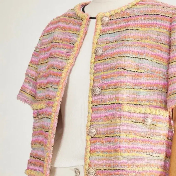 [BUNJANG] TIME Tweed Short-Sleeve Jacket Pink Multi / 타임 트위드 반팔 자켓 핑크 멀티