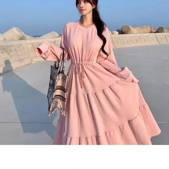 [BUNJANG] Mayyun Microfiber Ruffle Long Dress Pink / 메이윤 속극세사 캉캉 롱원피스 핑크