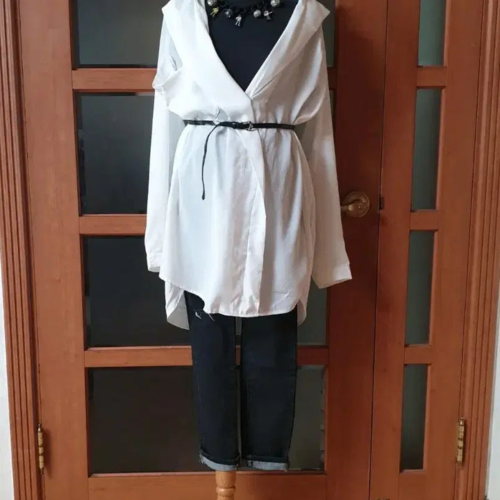 [BUNJANG] DINT Volume Pocket Long Shirt Blouse Set / (새제품)딘트 볼륨포켓 롱셔츠블라우스+벨트+진주핀브로치