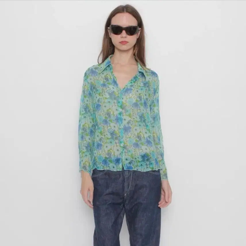 [BUNJANG] Silk Flower See-Through Blouse / 실크 플라워 시스루 셔츠 / 빈티지 블라우스