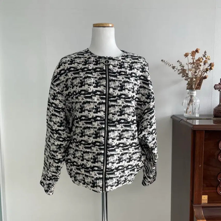 [BUNJANG] Time Black White Pattern Zip-Up Jacket / [Time] 블랙 화이트 패턴 집업 자켓