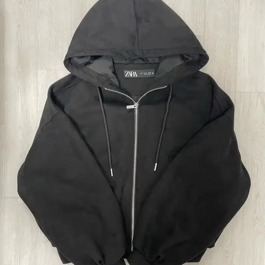 [BUNJANG] Zara Oversized Black Suede Zip-Up Hoodie / 자라 오버핏 블랙 스웨이드 후드집업