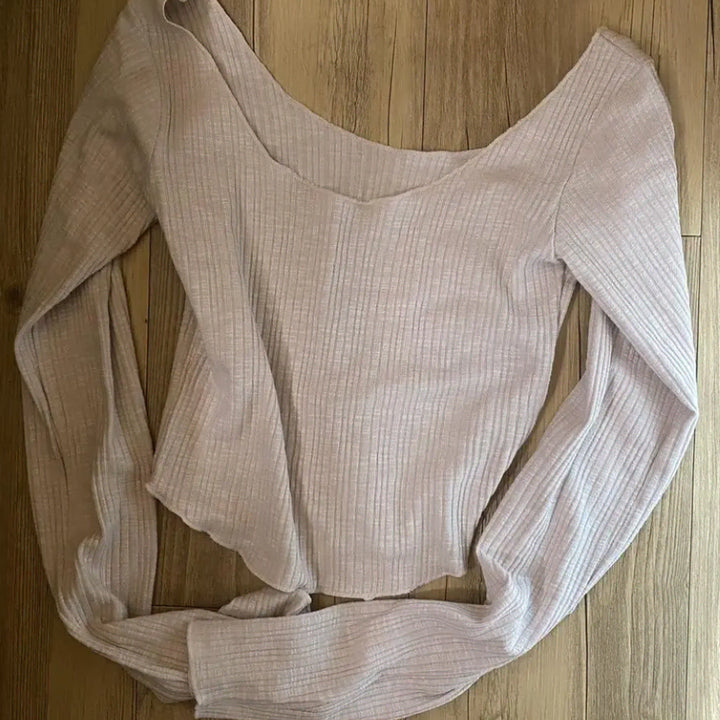 [BUNJANG] Ribbed Square Neck Cropped Long Sleeve Top / 골지 스퀘어넥 크롭 긴팔티 (착샷)