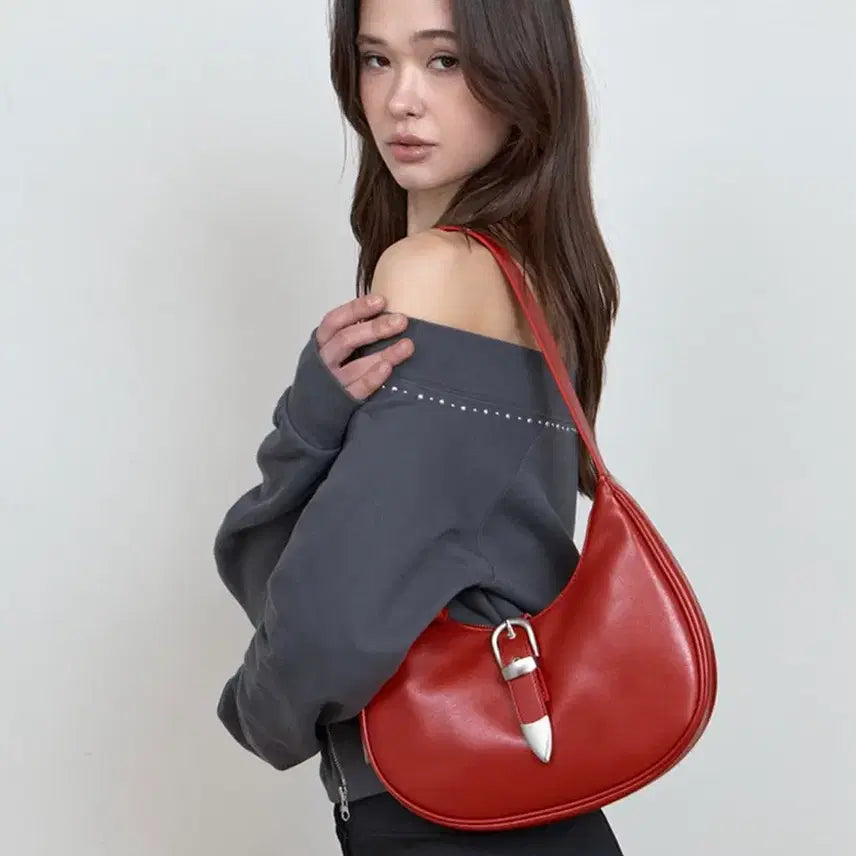 [BUNJANG] Curetty Double Belt Mini Hobo Bag - Red / 큐리티 더블벨트 미니호보백 레드