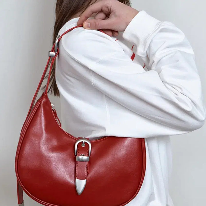[BUNJANG] Curetty Double Belt Mini Hobo Bag - Red / 큐리티 더블벨트 미니호보백 레드