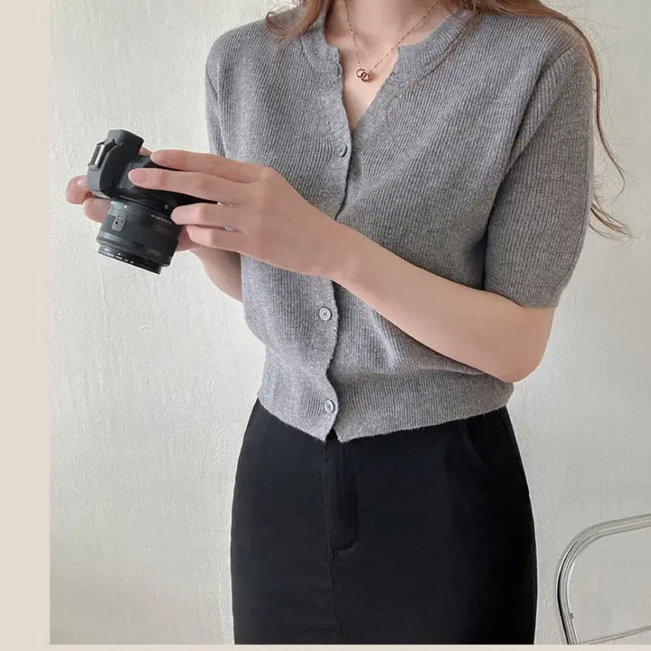 [BUNJANG] Gray Short-Sleeve Knit Cardigan / 회색 반팔 니트 가디건
