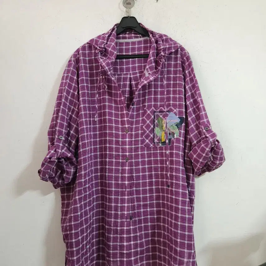[BUNJANG] Purple Check Hooded Roll-Up Shirt / 보라색 체크 후드 롤업 셔츠