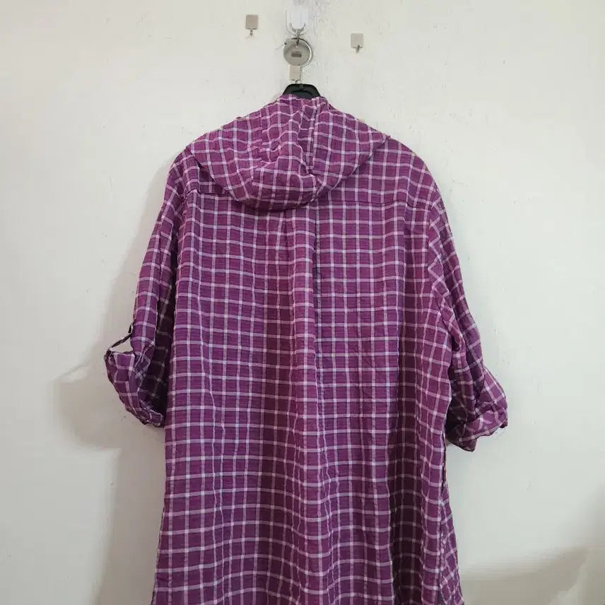 [BUNJANG] Purple Check Hooded Roll-Up Shirt / 보라색 체크 후드 롤업 셔츠