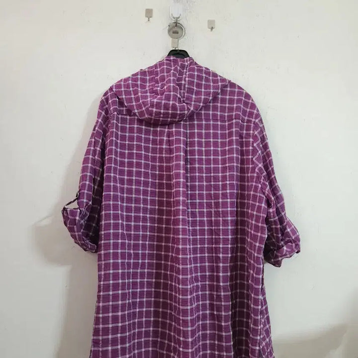 [BUNJANG] Purple Check Hooded Roll-Up Shirt / 보라색 체크 후드 롤업 셔츠