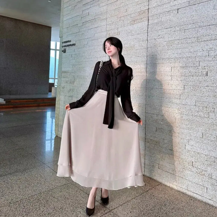 [BUNJANG] Mayyun Silk Chiffon Ruffle Skirt Beige / 메이윤 실크 쉬폰 캉캉 스커트 베이지