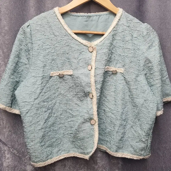 [BUNJANG] Mint Tweed Short Sleeve Cropped Jacket / 민트 트위드 반팔 크롭 자켓