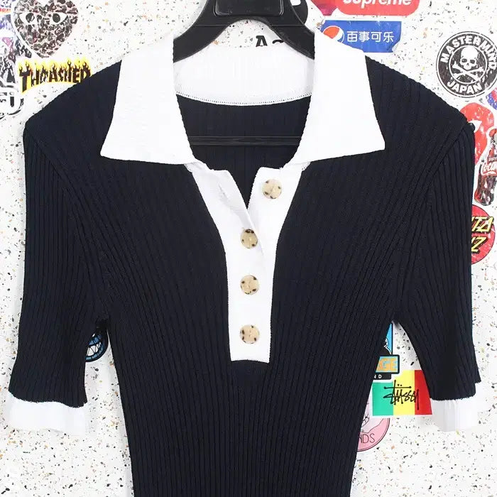 [BUNJANG] Viki Ribbed Stretch Short-Sleeve Knit Top / 여성55/ viki 골지 스판 반팔니트